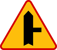 Znak A-6b Skrzyżowanie z drogą podporządkowaną występującą z prawej strony.