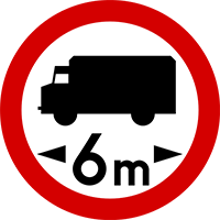 znak Zakaz wjazdu pojazdów dłuższych, niż określono na znaku (tu: 6 m). B-17