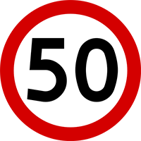Znak B-33 Ograniczenie prędkości (tu: 50 km/h).