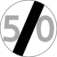 znak B-34: koniec ograniczenia prędkości (tu: 50 km/h). B-34