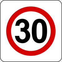 znak Strefa ograniczonej prędkości (tu: 30 km/h). B-43