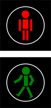 znak Sygnalizator z sygnałami dla pieszych. S-5